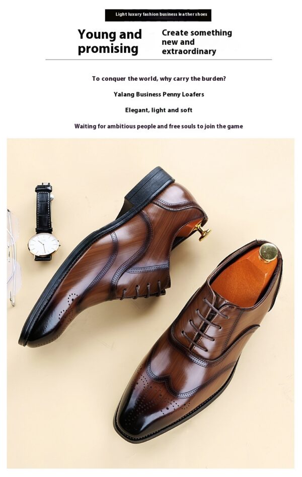 Formal Leather Shoes British Men Brogue Pointed-toe Lace - Image 9