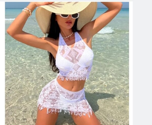 Women's Spring And Summer Beach Cover-up Tassel Skirt Lace Bikini Swimsuit Two-piece - Image 6